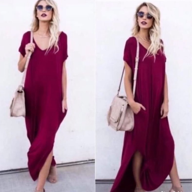 Burgundy Women Short Sleeve V-Neck Casual T Shirt Maxi Side Slits Dress Boho